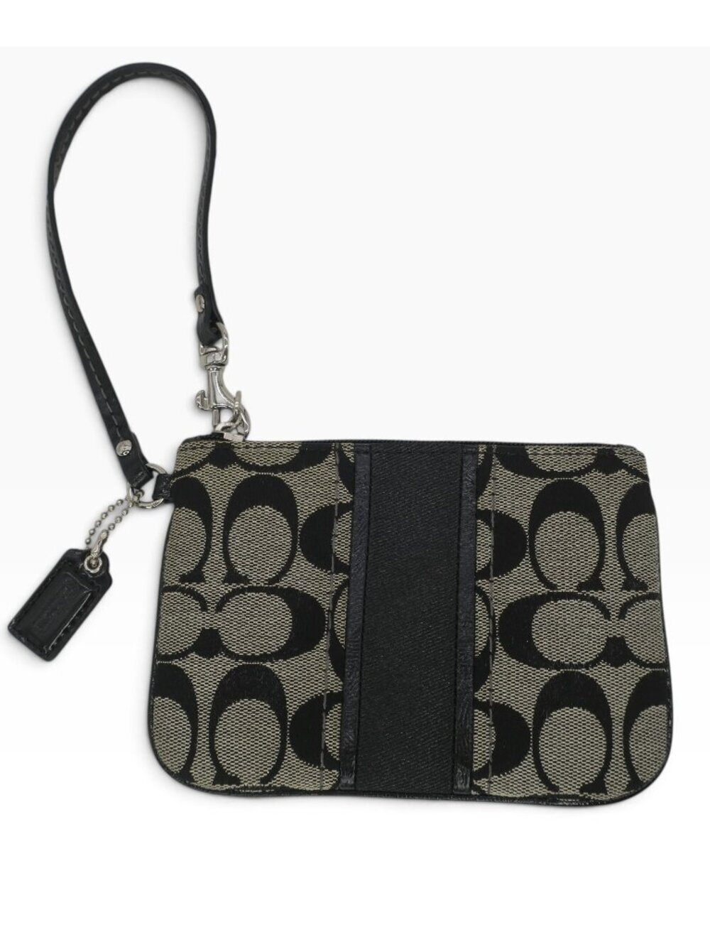 Coach Wristlet Wallet Black Tan Signature Stripe Logo C Canvas Corner Zip
